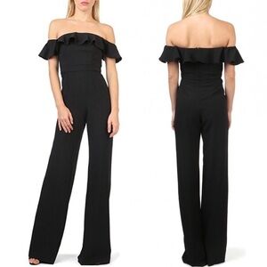 JAY GODFREY 70s Ruffled Black Crepe Off Shoulder High Waist Wide Leg Jumpsuit‎ 0